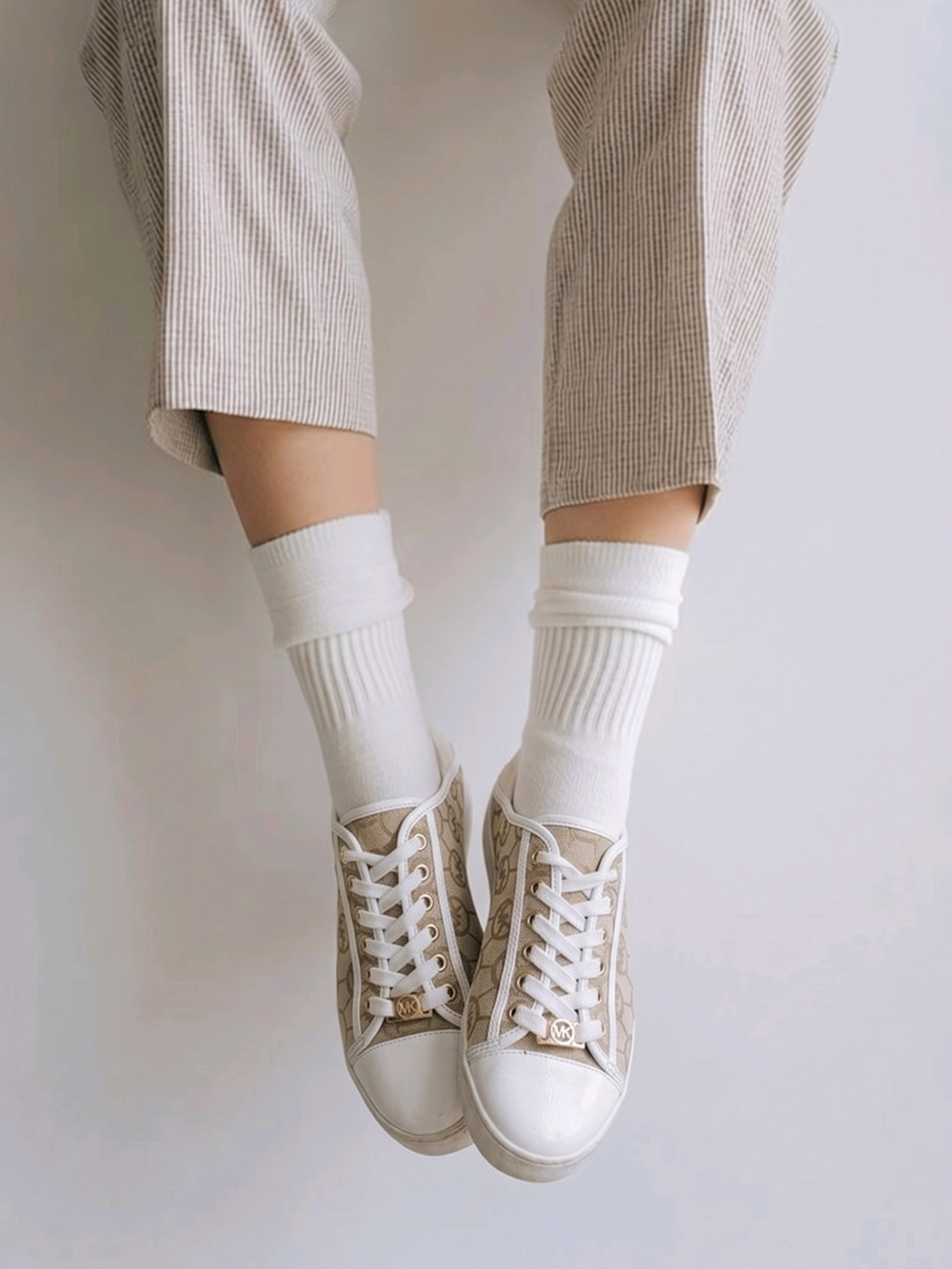MICHAEL Michael Kors Beige Logo Lace-Up Sneakers with White Toe